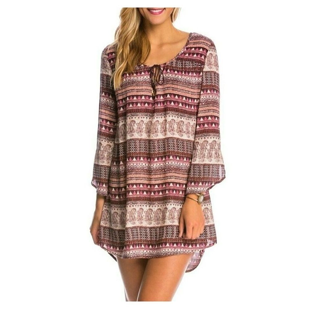 Billabong Sz XS Take Me Away Dress in Pinot Maroon Boho Longsleeve Paisley Dress